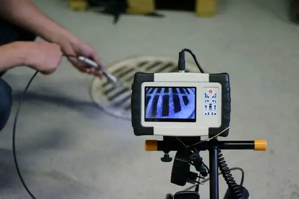 Person using an endoscope camera to inspect a grate, with the camera screen displaying an enlarged image of the grate.