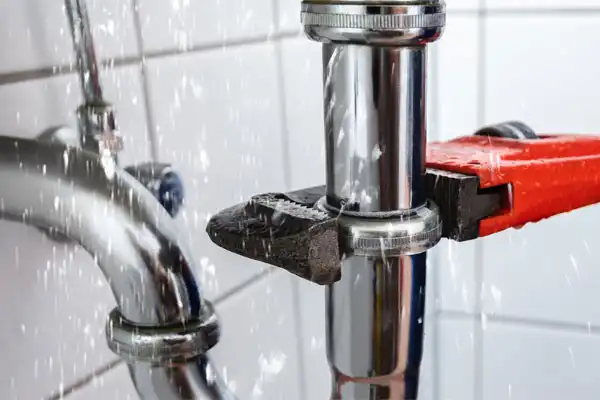 A pipe is leaking water, with an adjustable wrench placed on the pipe joint, against a tiled wall background.