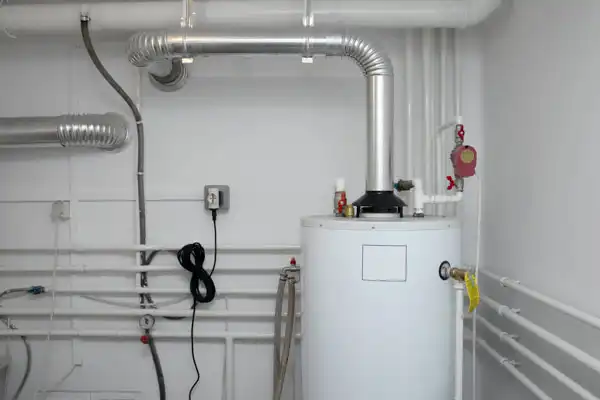 A utility room with a water heater and newly completed furnace installation, surrounded by pipes and electrical wiring.