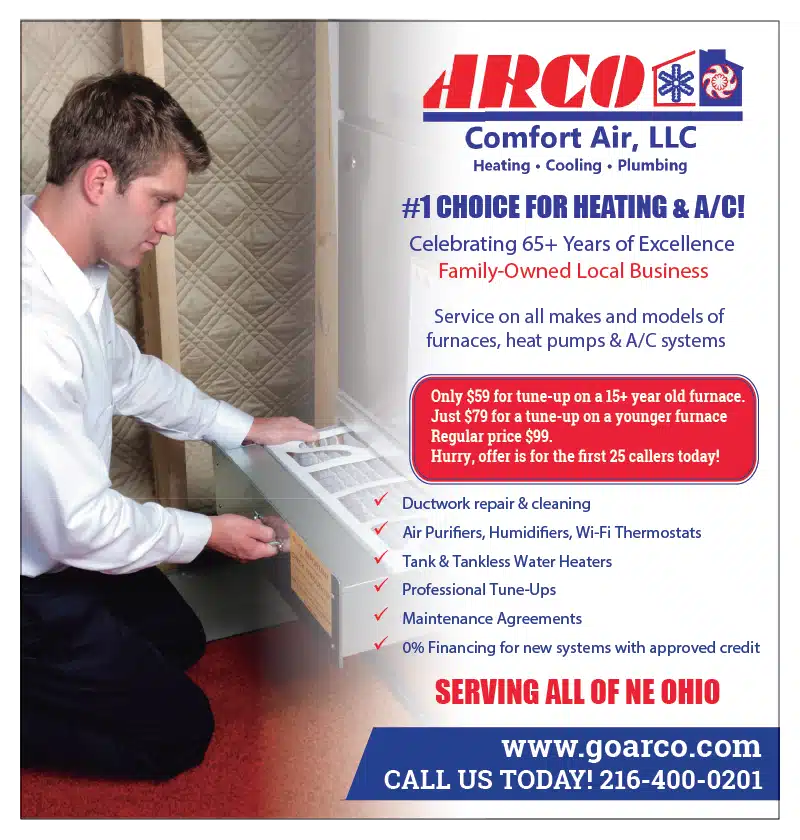 Advertisement for ARCO Comfort Air, LLC promoting heating and A/C services. Highlights include discounts on furnace plans, professional tune-ups, and 0% financing for new systems in NE Ohio.