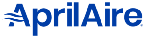 AprilAire logo featuring blue text with stylized air symbols next to the letter "A.