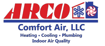 Logo for ARCO Comfort Air, LLC with icons for heating, cooling, plumbing, and indoor air quality.