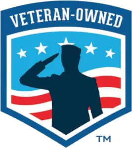 Badge featuring a silhouette of a saluting soldier against a starry blue and red striped background, with "Veteran-Owned" text above.