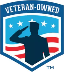 Silhouette of a saluting soldier inside a badge labeled "Veteran-Owned," with stars and red stripes in the background.