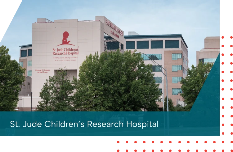 Exterior view of St. Jude Children’s Research Hospital with trees in front and a clear sky.