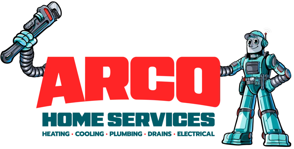 Logo for Arco Home Services featuring a cartoon robot holding a wrench. Text reads: "ARCO Home Services - Heating, Cooling, Plumbing, Drain, Electrical.