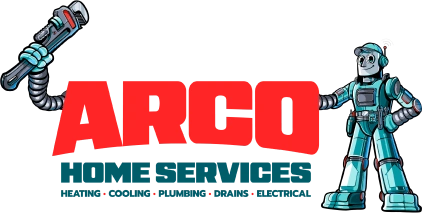Illustration of a robot holding a wrench next to the red text "ARCO Home Services.